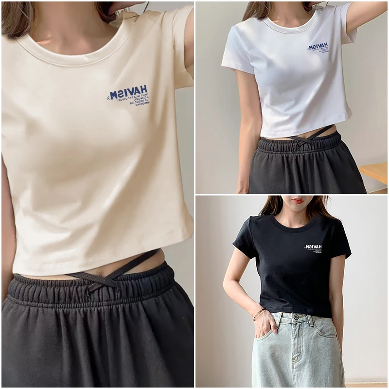 婳娇白色正肩短袖t恤女2025新款夏季字母小众简约短款显瘦上衣服