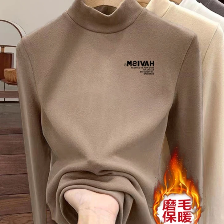 秋冬内搭打底衫加厚磨毛长袖女t恤新款半高领百搭洋气保暖上衣服