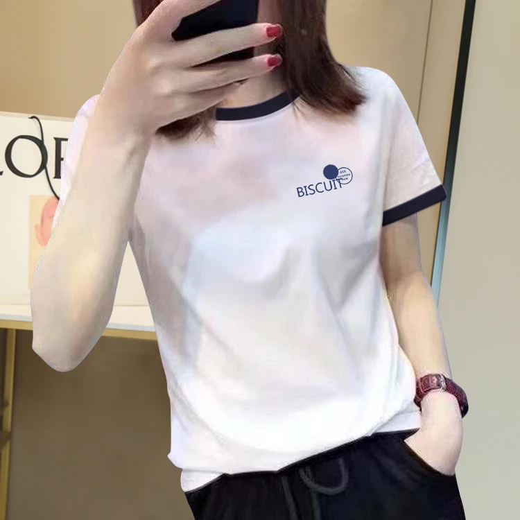 白色正肩短袖t恤女夏季小个子宽松显瘦纯欲撞色拼接百搭上衣ins潮