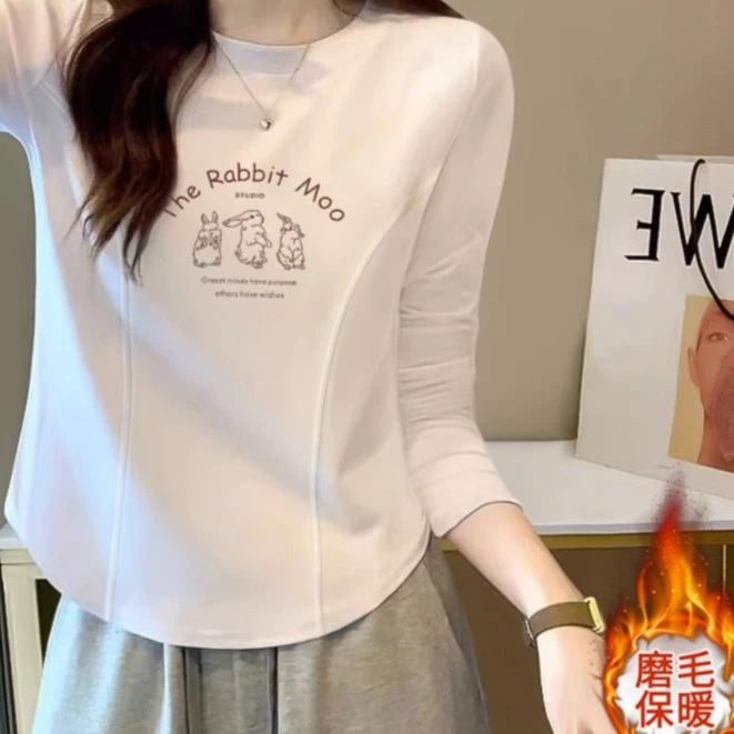 磨毛长袖t恤女2025秋冬新款小众设计感显瘦上衣内搭正肩打底衫潮