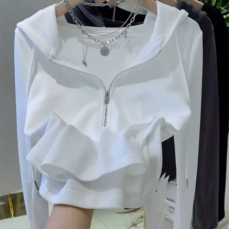 欧货抽绳半拉链连帽长袖t恤女2024新款春秋季设计感气质显瘦上衣