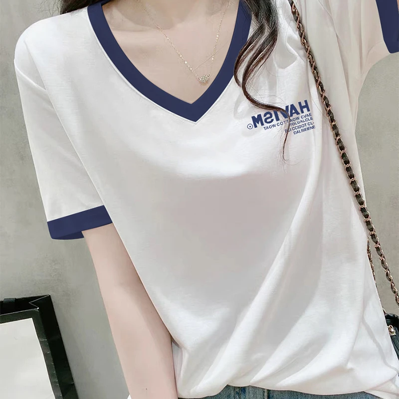 婳娇白色正肩V领短袖t恤女夏季2025年新款显瘦打底衫上衣内搭ins