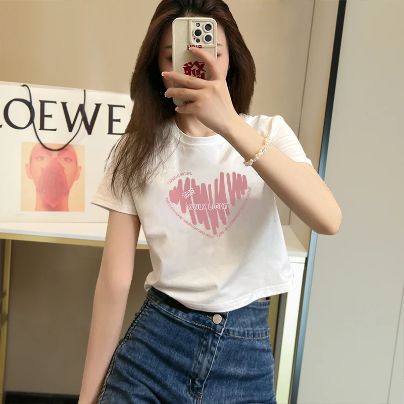 正肩短袖t恤女2025新款亲肤宽松辣妹小个子显瘦短款设计感上衣夏