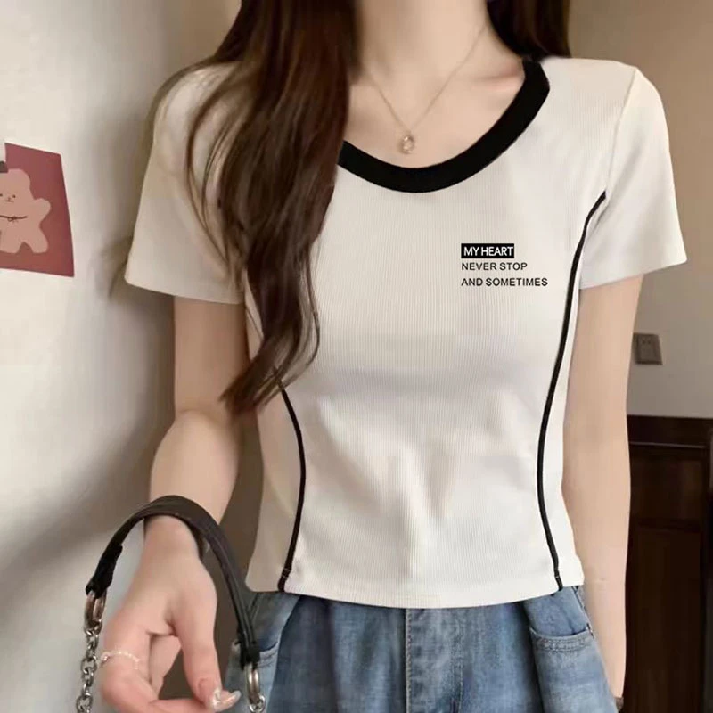 2025年夏季白色短款时尚短袖t恤女新款修身高腰显瘦亲肤ins上衣