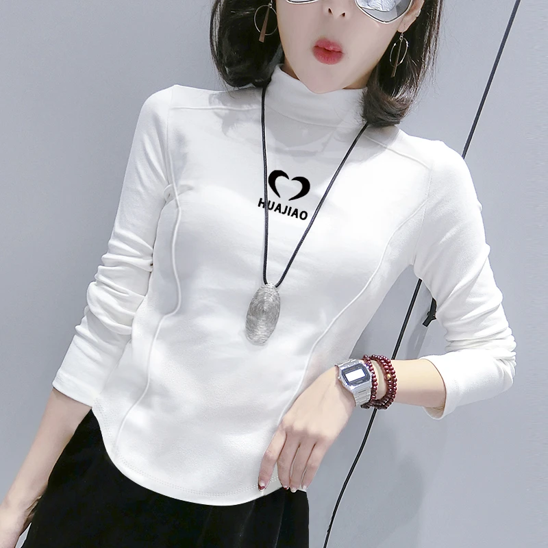 白色半高领正肩打底衫女2025新款不规则鱼骨长袖T恤内搭上衣秋季