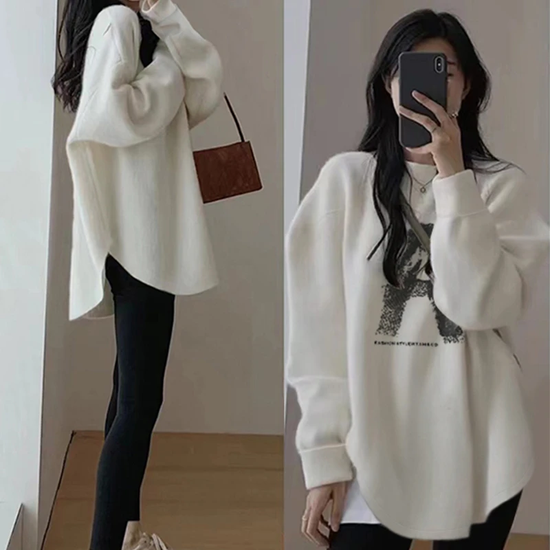 德绒长袖t恤女中长款韩版宽松休闲百搭叠穿加厚打底衫上衣早春款