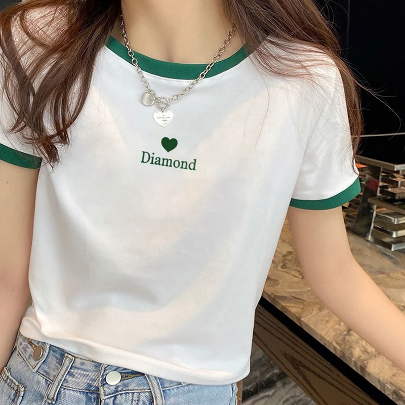婳娇亲肤短袖T恤女夏2025新款显瘦撞色时尚小衫高腰修身短款上衣