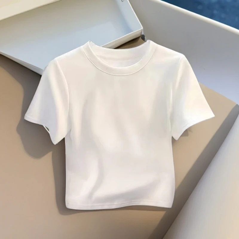 婳娇小众白色正肩短袖t恤女夏季2025新款修身显瘦短款圆领上衣潮