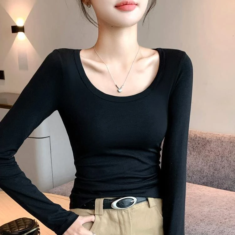 2023早秋黑色圆领长袖t恤女纯色修身内搭显瘦打底衫螺纹低领秋装