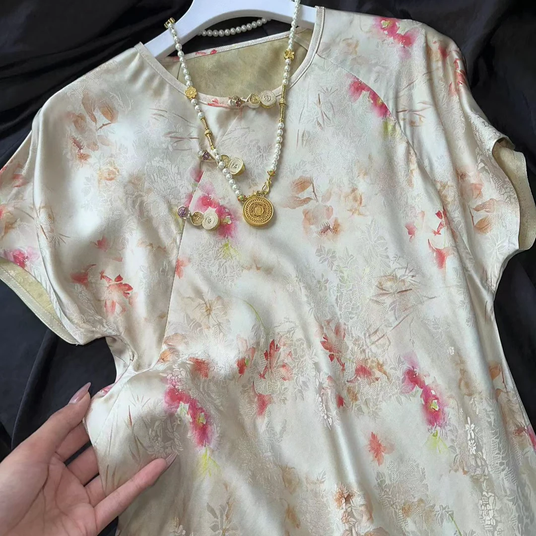 1119-【荷花】常熟新中式气质网红日常时尚碎花设计师水墨连衣裙