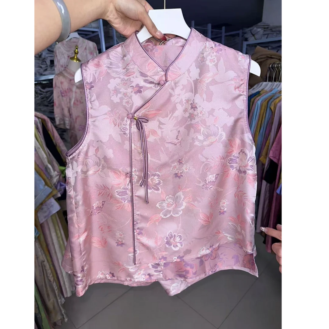 2423-无袖款短裤新中式复古织花立领夏季套装