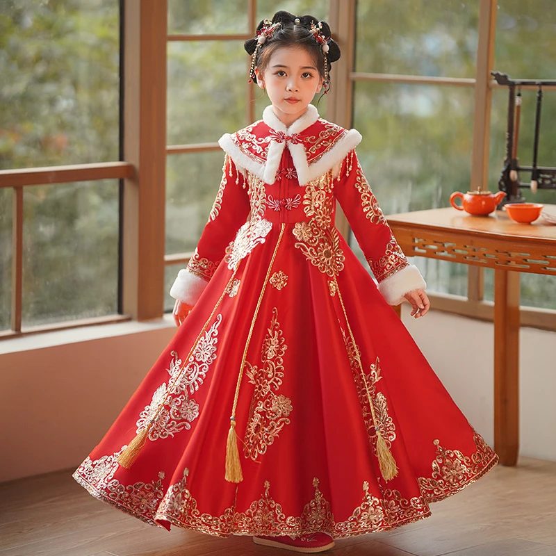 9103#汉服女童拜年服冬季款儿童中国风加绒套装宝宝过年喜庆唐装