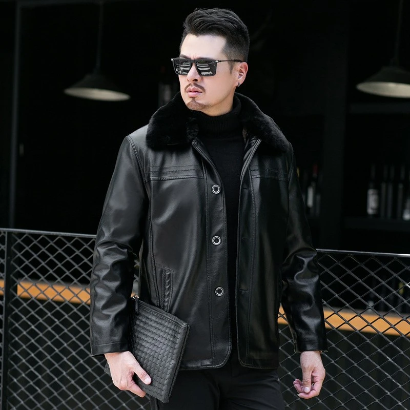 爸爸皮衣男外套2023新款冬季加绒加厚中老年翻领皮夹克秋冬休闲