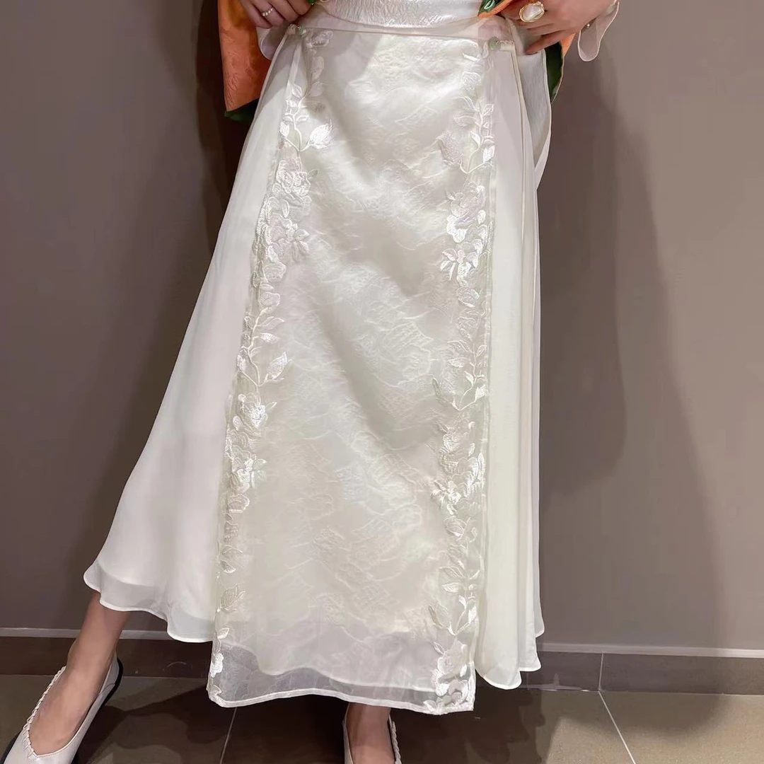 【双花】新中式半身裙两侧刺绣夏季气质显瘦桑蚕丝日常5019