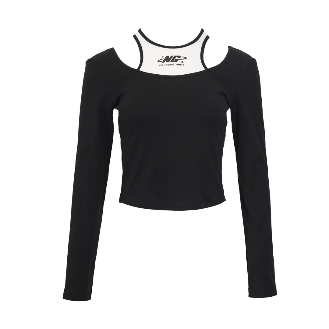 假两件撞色女款时尚户外休闲连帽宽松中长款T恤DA41302205