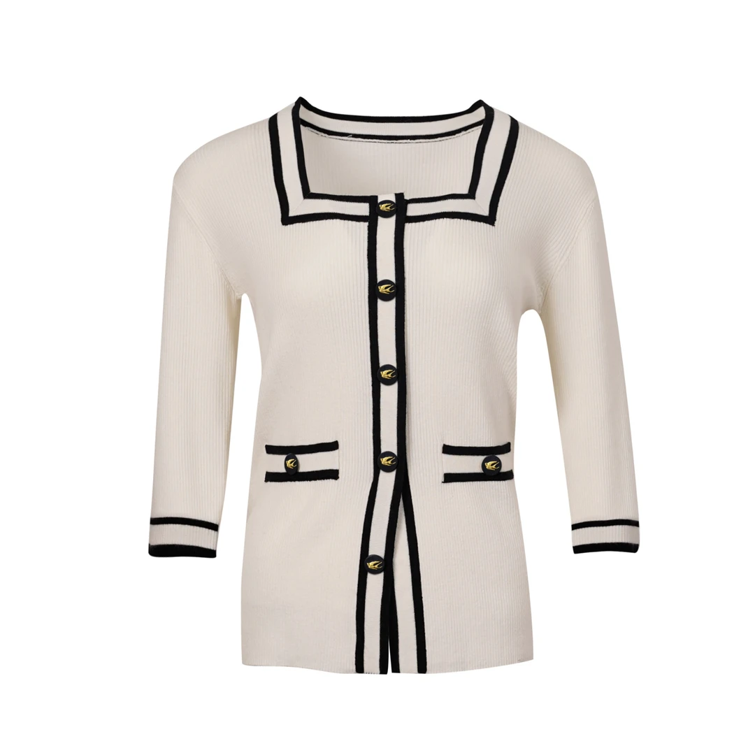 DNCY方口领针织衫小香风长袖白色时尚春季条纹黑白DA41204237