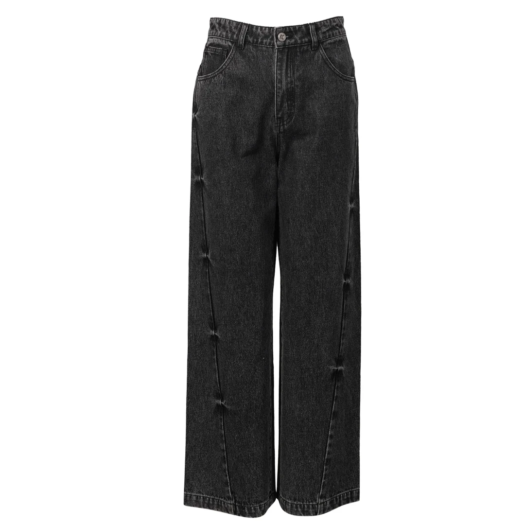 DNCY特色捏褶牛仔裤高腰时尚休闲百搭黑色复古宽松水洗DA41421067