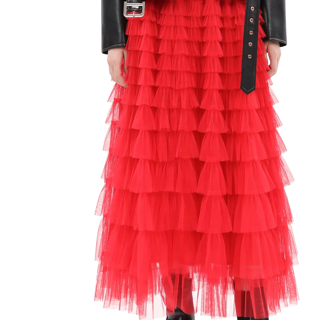 DNCY氛围感网纱半身裙高腰时尚不规则中长款百褶网纱裙DA34622286