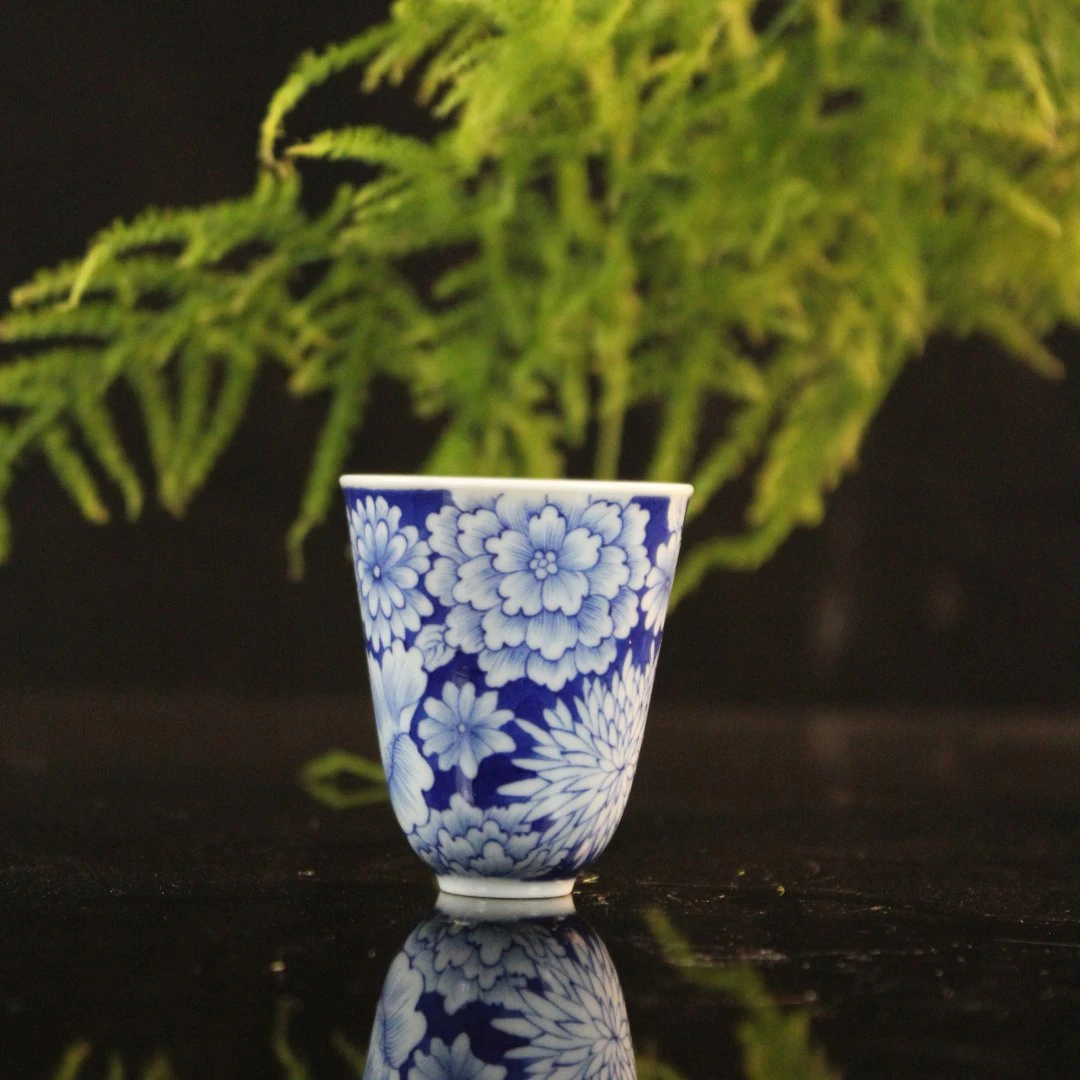 妙语青峰 景德镇陶瓷茶具手工手绘青花万花闻香杯品茗杯