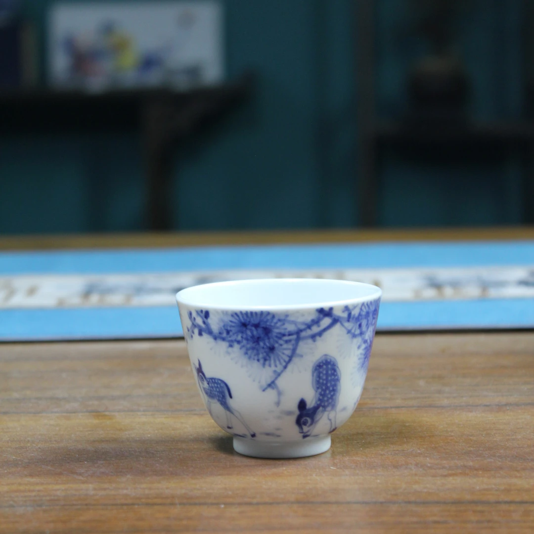 妙语青峰 景德镇陶瓷手工手绘青花小鹿主人杯茶杯品茗杯茶具