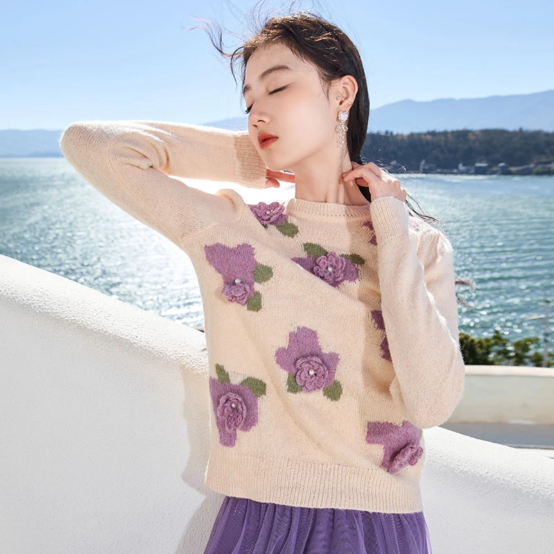 【纹纹baby专属】N631834毛衣 香影洋气立体印花套头针织衫上衣