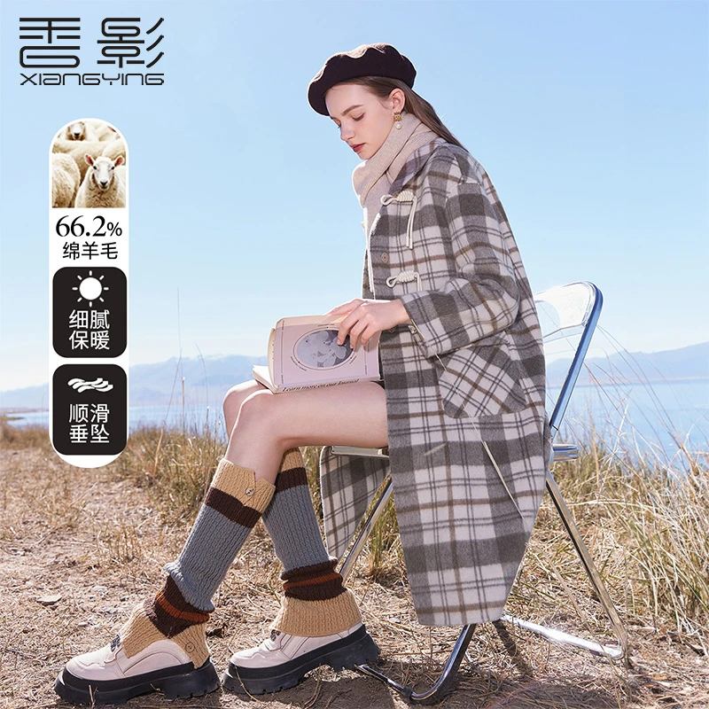 【小余专属】V634781毛呢外套 香影牛角扣格子双面呢大衣女2024