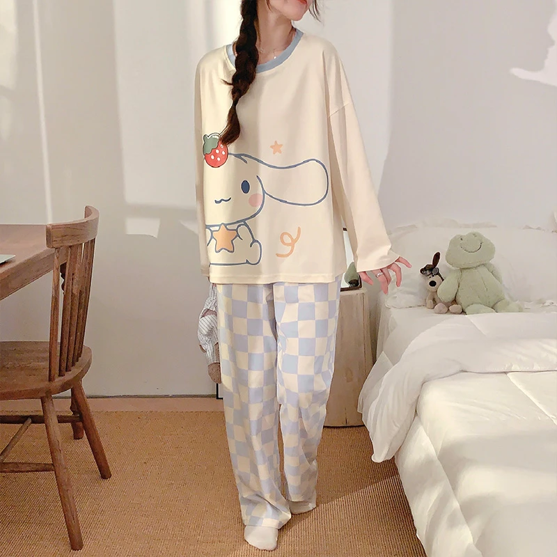 秋冬季女士圆领睡衣长袖可爱少女棉质套装可外穿学生家居服春秋季