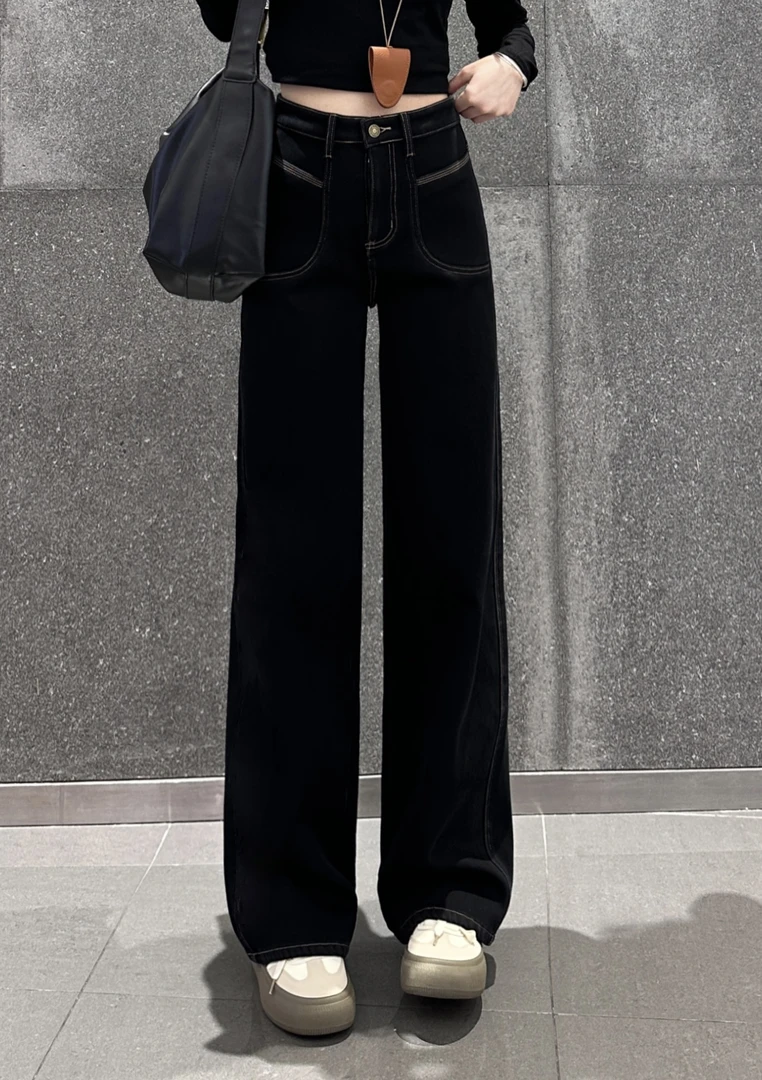 M  秋冬新款纯黑色加绒加厚高腰显瘦时尚百搭女装窄版直筒牛仔裤