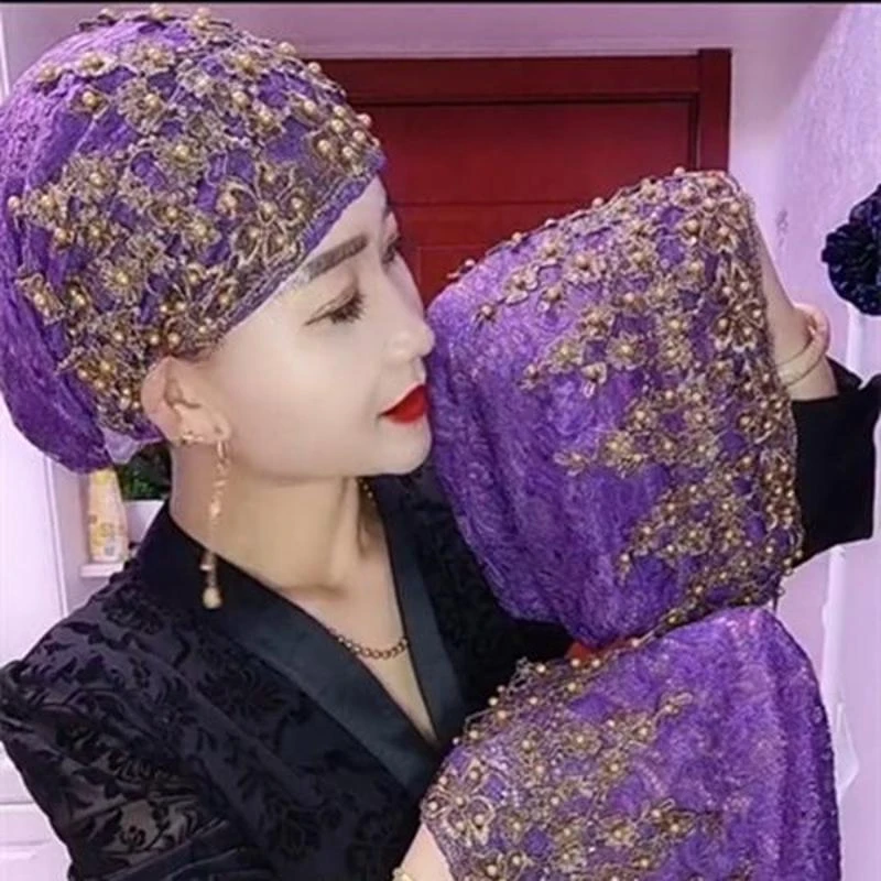 穆斯网红帽子女新款回族盖头中老年头巾钉珠纱巾帽子头巾套包头