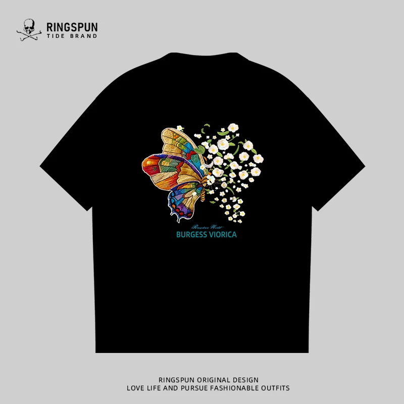 【变色蝴蝶】夏季新款t恤男轻奢潮牌重磅纯棉情侣半袖刺绣短袖体恤