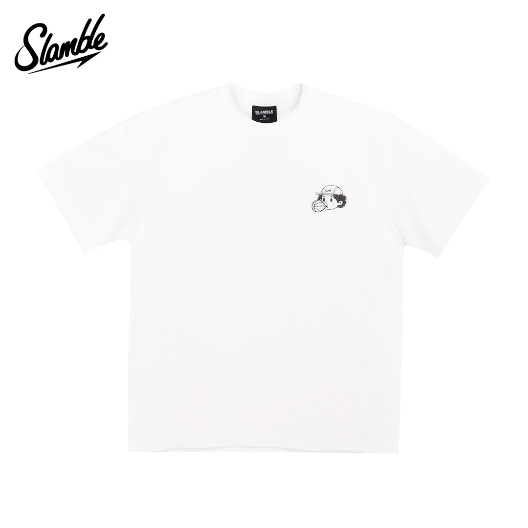 SLAMBLE白色纯棉时尚百搭夏季宽松印花圆领T恤运动舒适透气T恤