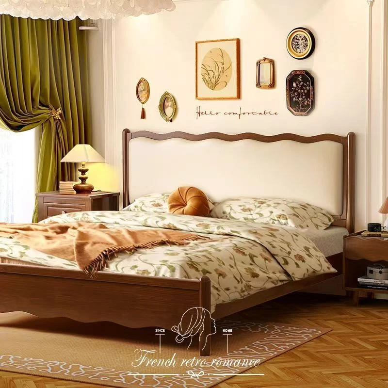 实木床北欧复古双人床波浪床中古风大床法式床简约软包款婚床卧室
