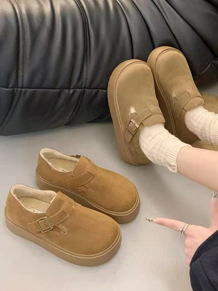 全包勃肯鞋女冬加绒2024年新款复古厚底小个子一脚蹬雪地毛毛棉鞋