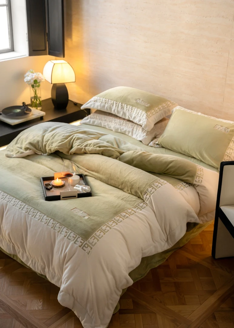 【欧阳柳家纺店】【玛丽】蚕丝绒轻奢高级感四件套刺绣被套床单床品