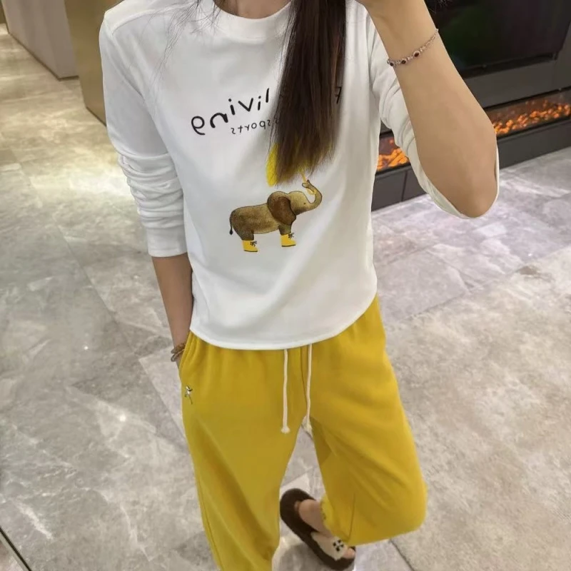 韩版卡通大象磨毛绒T恤打底衫女秋冬圆领小个子百搭显瘦短款上衣