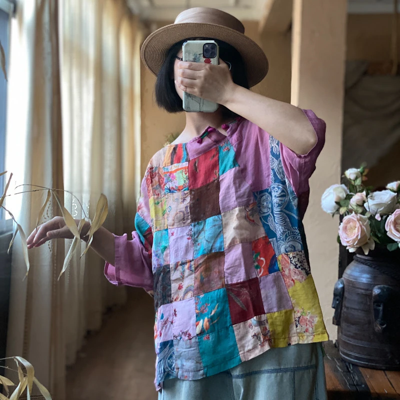 2024夏新款舒适复古怀旧拼布花色手工盘扣宽松小衫2067花拼