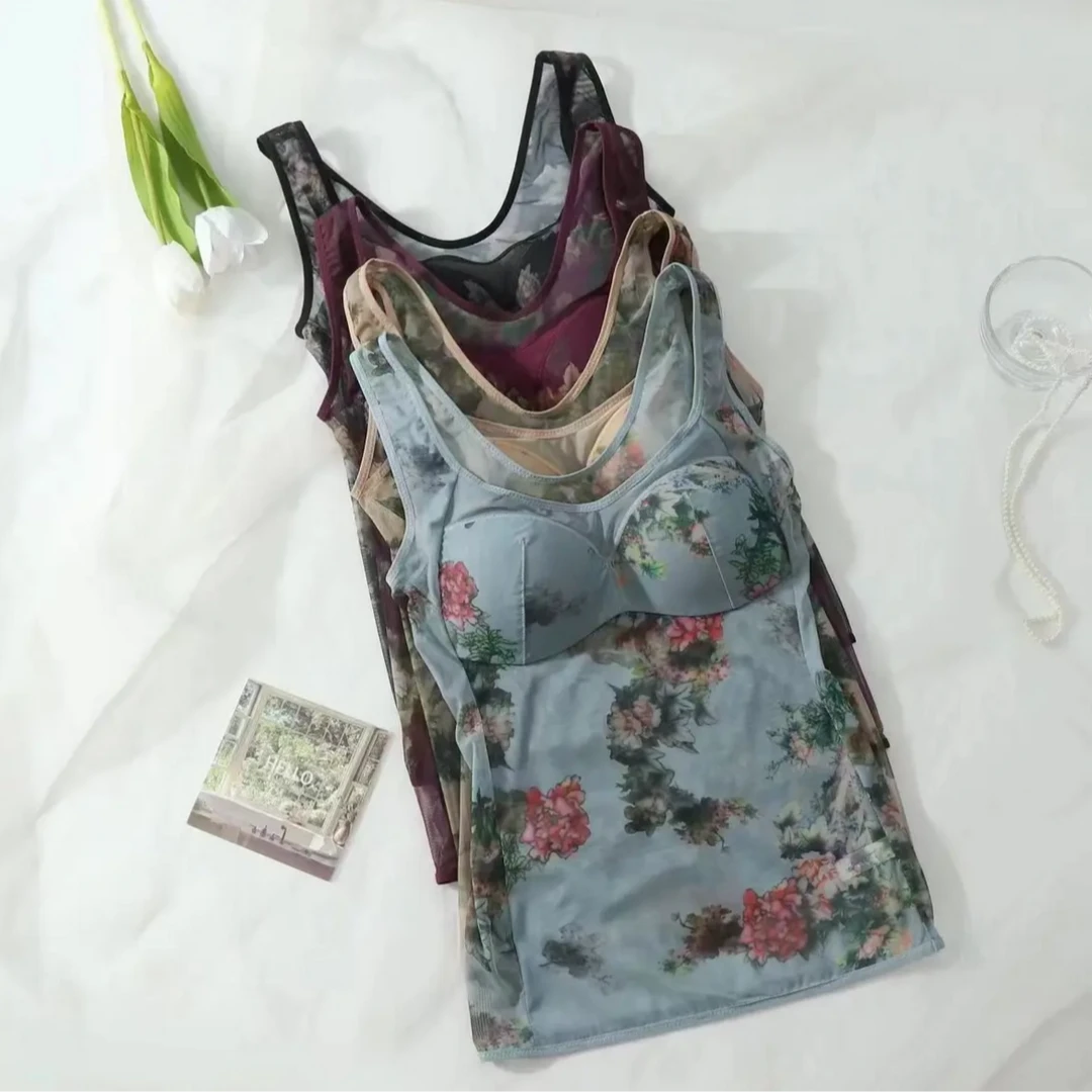 工厂直发春夏款网纱印花蕾丝文胸背心塑形长款背心内衣