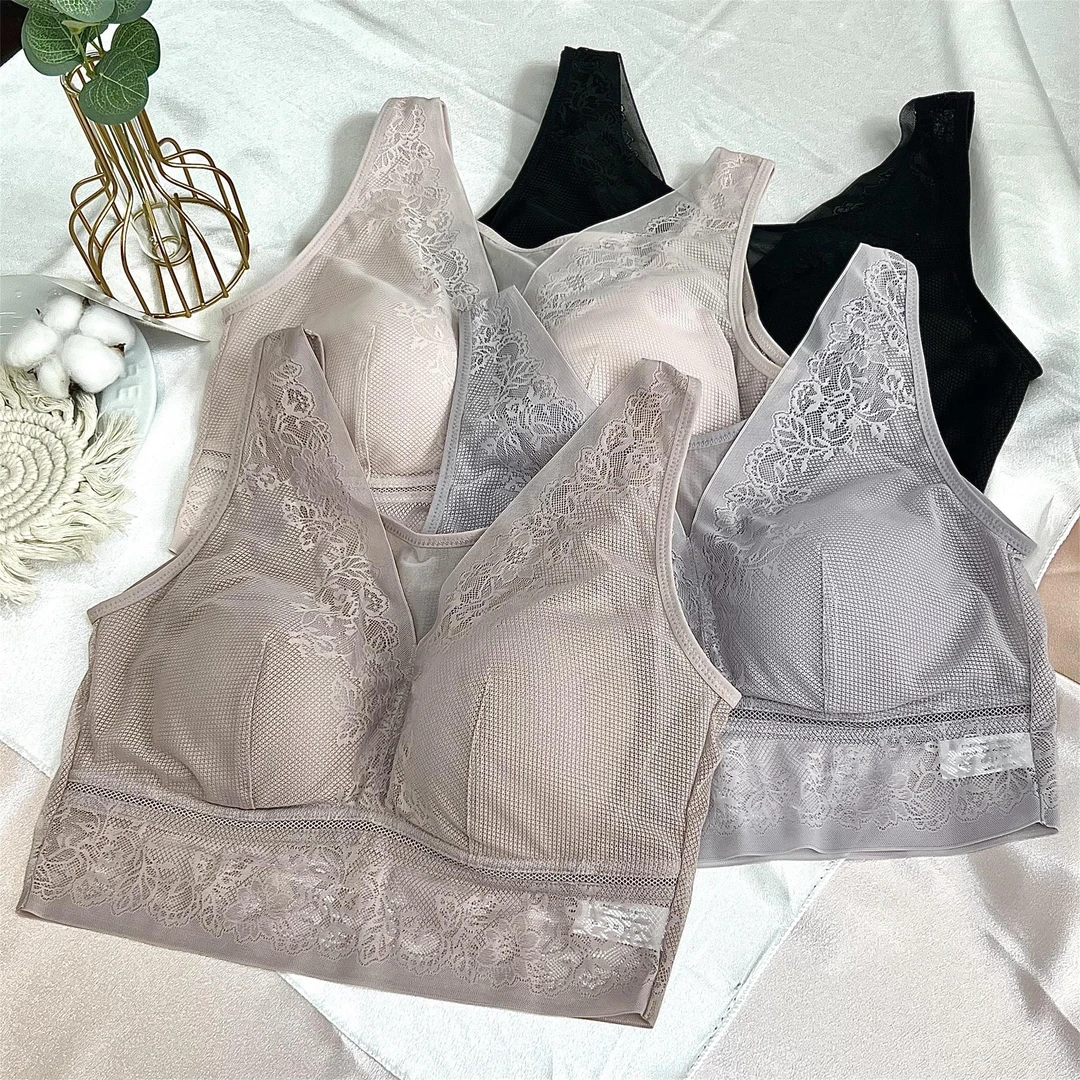工厂直发  薄款无痕网纱蕾丝背心文胸一体式 短款聚拢美背