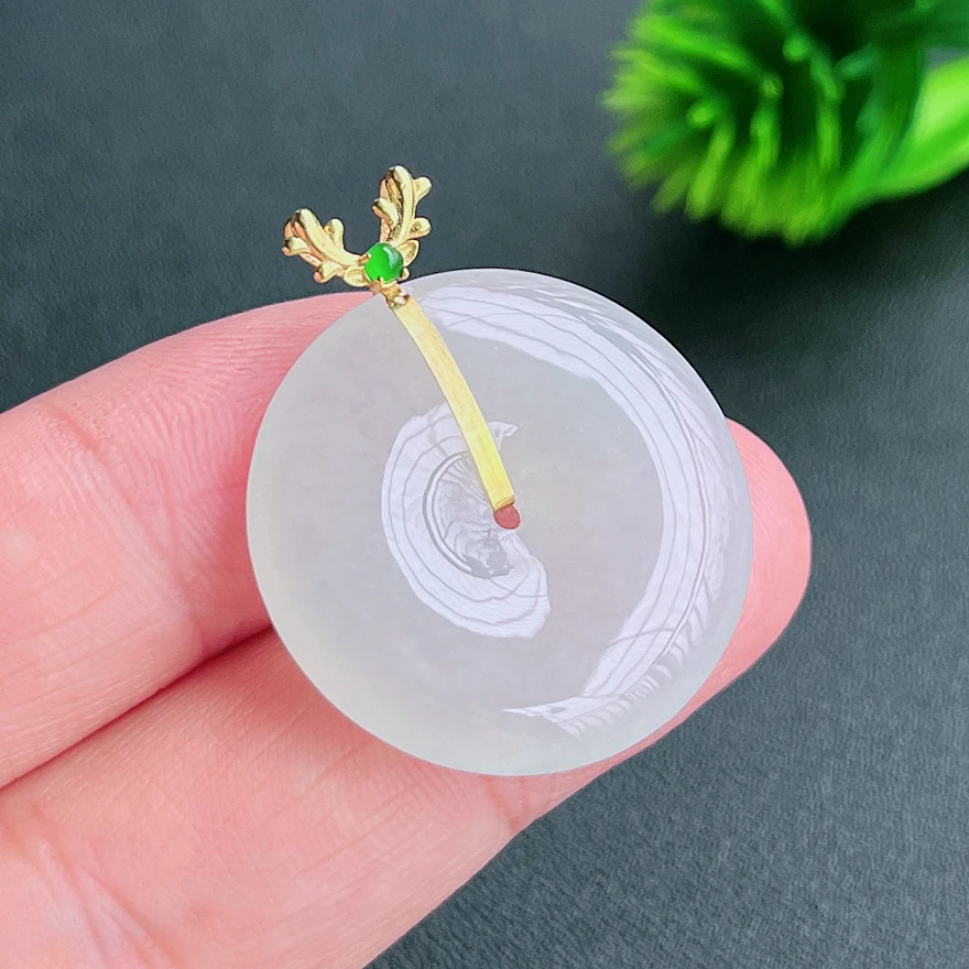 缅甸时尚女士百搭玉器正品天然A货翡翠飘花飘白色绿平安扣吊坠
