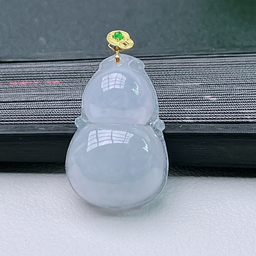 18k金缅甸玉器正品天然A货翡翠冰种飘花飘绿葫芦吊坠E39