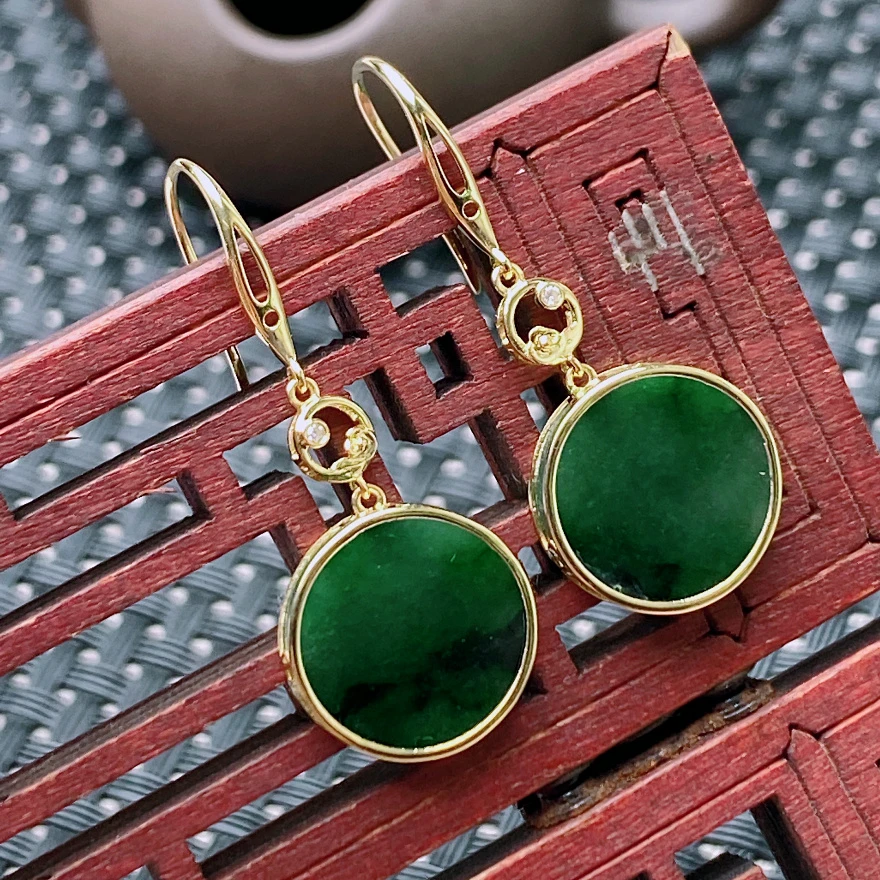 18K金缅甸玉器正品天然A货翡翠飘花满色平安扣耳钉耳勾3.89g