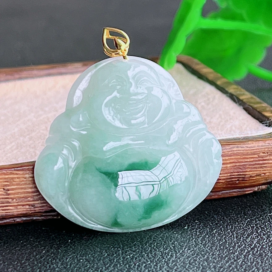 18k金缅甸玉器正品天然A货翡翠飘花飘绿佛公吊坠7.15g