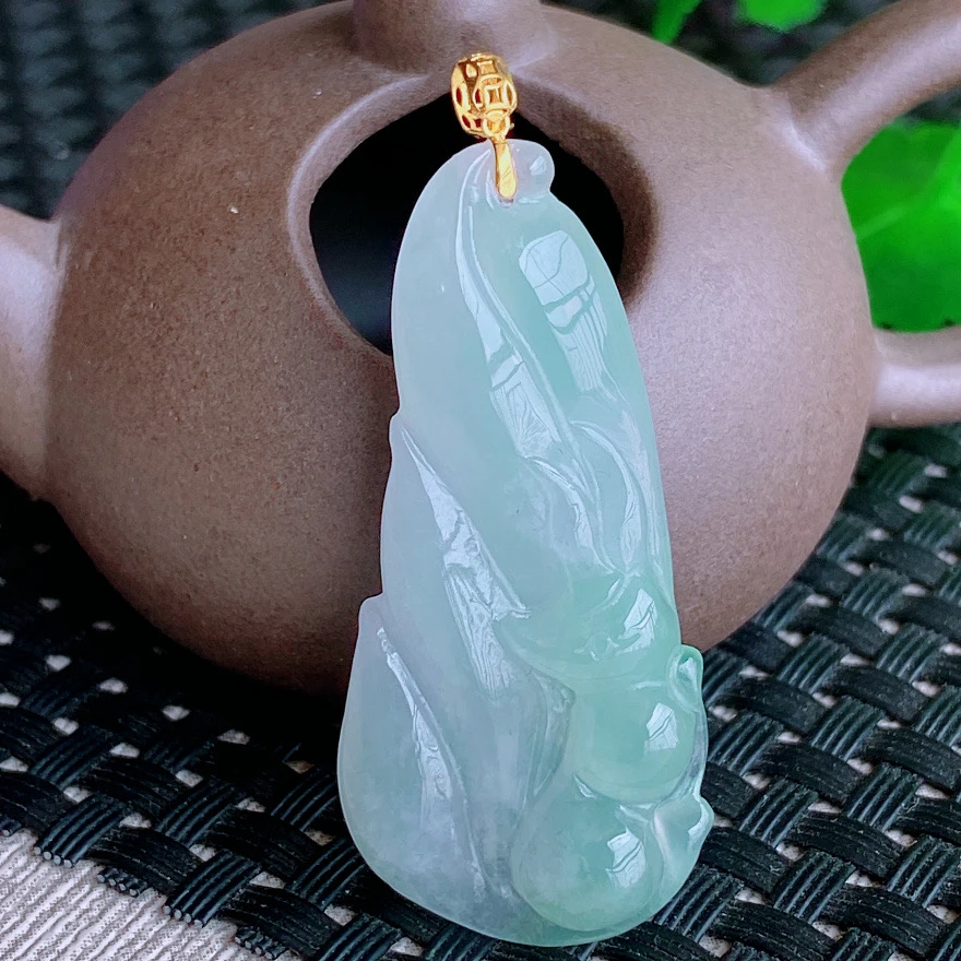 18K金缅甸玉器正品天然A货翡翠飘花飘绿九尾狐吊坠6.35g