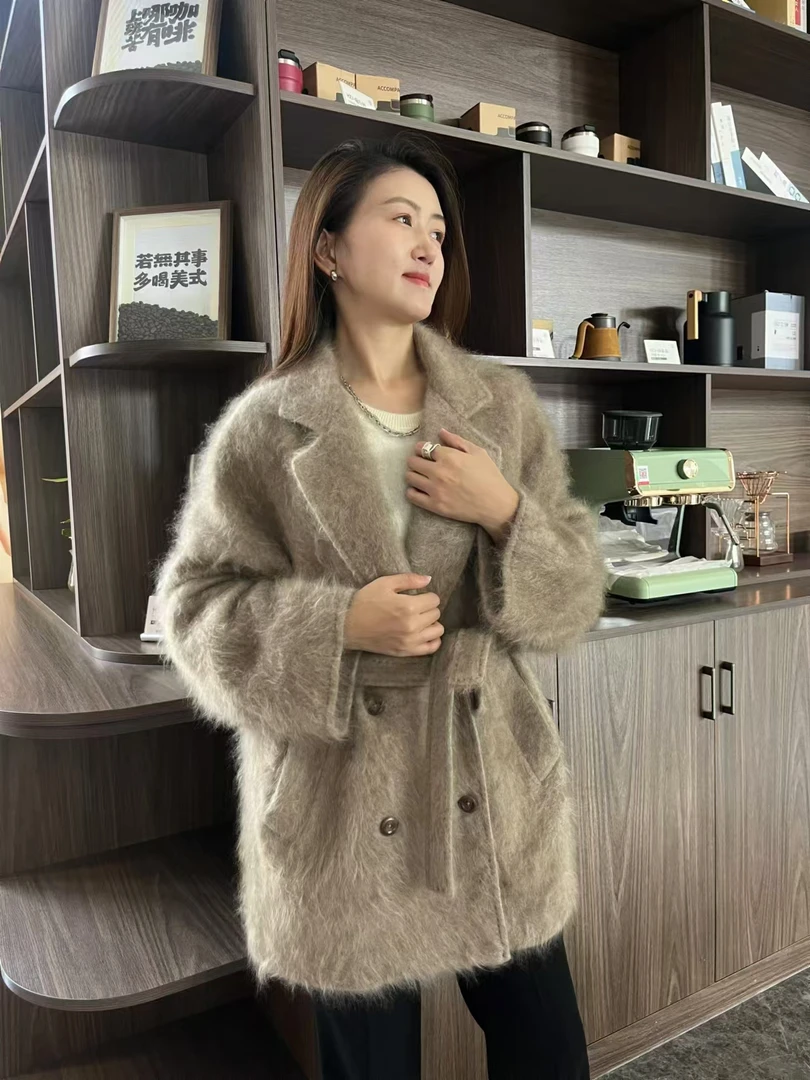 100%山羊绒拉绒秋冬新款气质双面尼短款大衣外套时尚