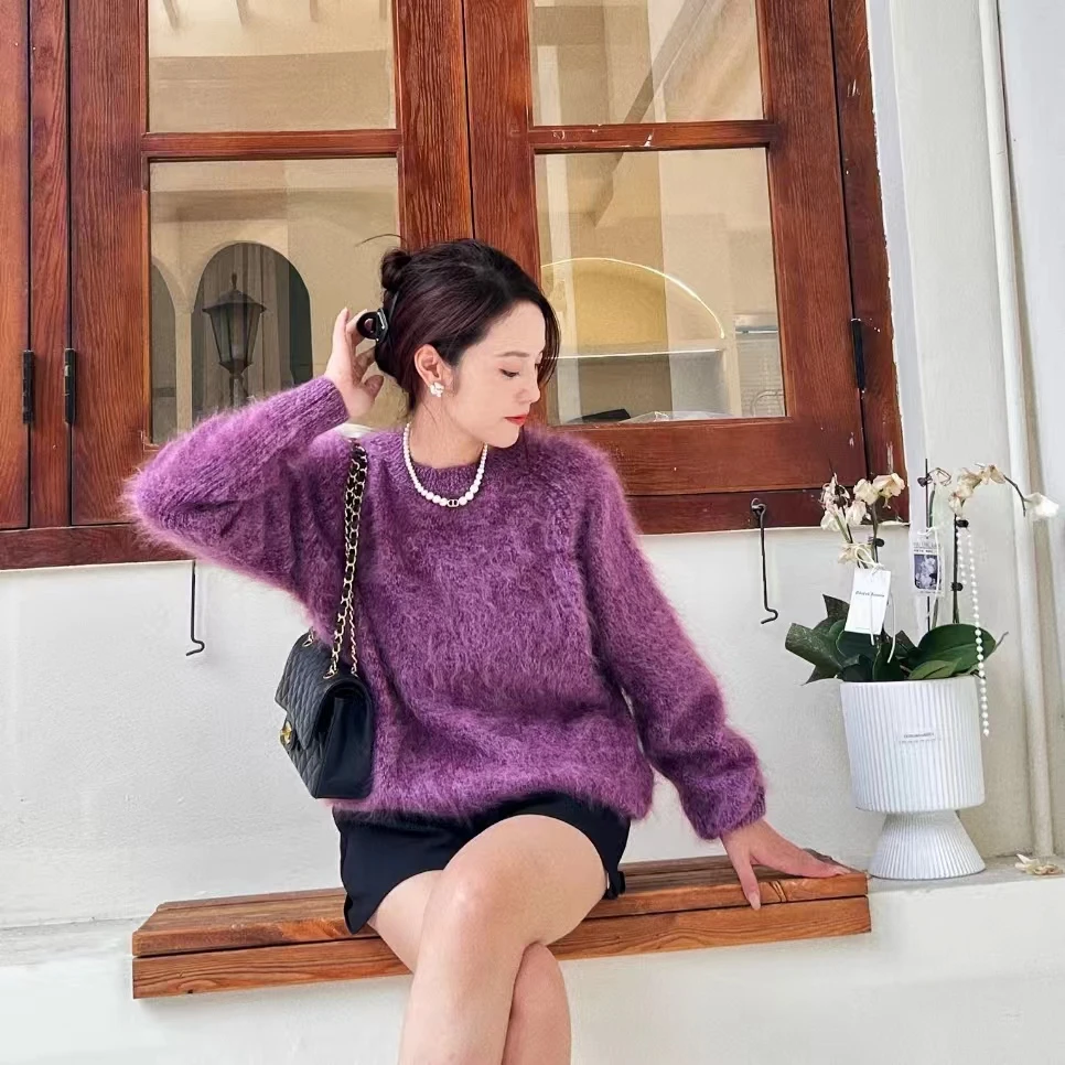 霓町100%山羊绒潮牌时尚加厚花纱慵懒风时尚羊绒套衫气质紫色打底