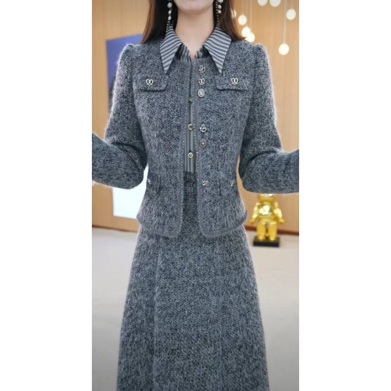 【套装】圆领气质收腰条纹拼接时尚干练套装裙M-4XL