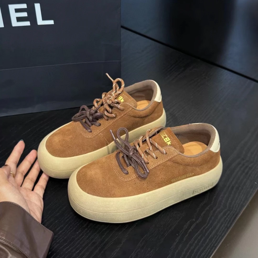 真皮厚底丑萌面包鞋女2024秋冬季新款复古做旧小脏鞋大头休闲板鞋