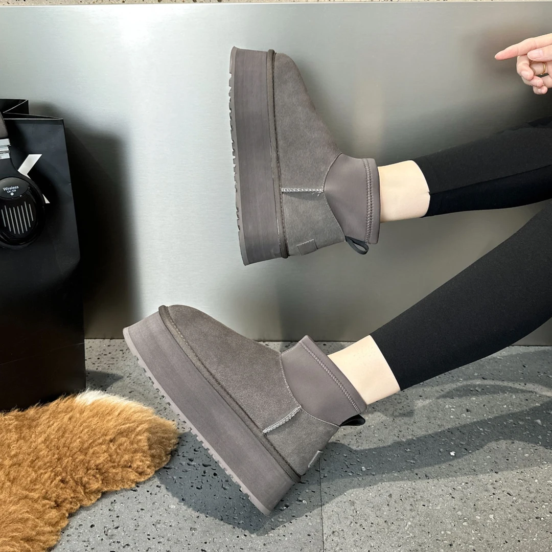 弹力袜筒厚底雪地靴女冬防滑保暖棉鞋皮毛一体加绒mini迪普铅笔靴