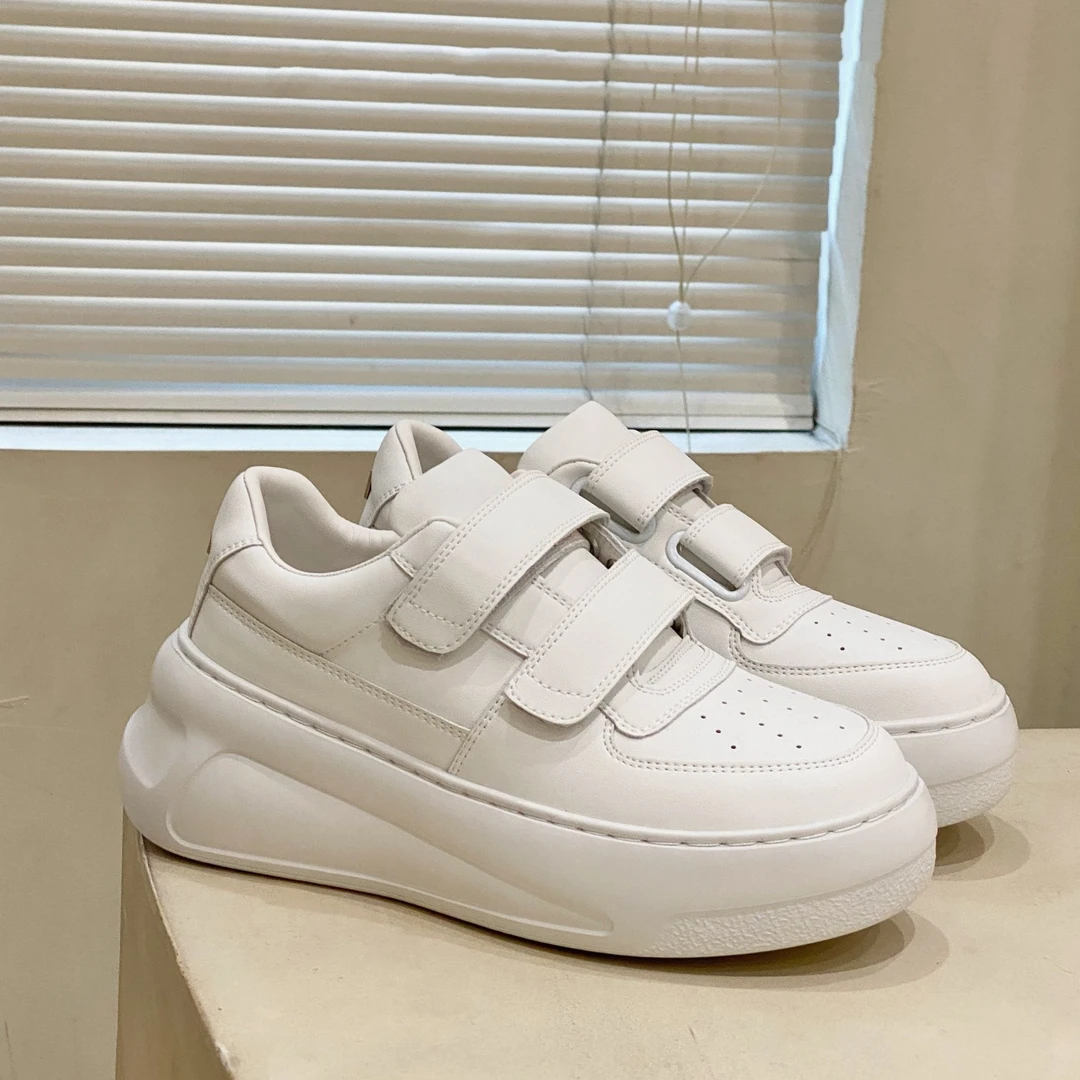 软牛皮~真皮厚底魔术贴小白鞋女秋新款百搭增高松糕运动休闲板鞋