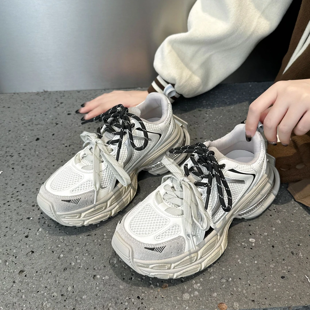 真皮厚底老爹鞋女2025新款透气百搭擦色休闲鞋轻便运动鞋增高女鞋